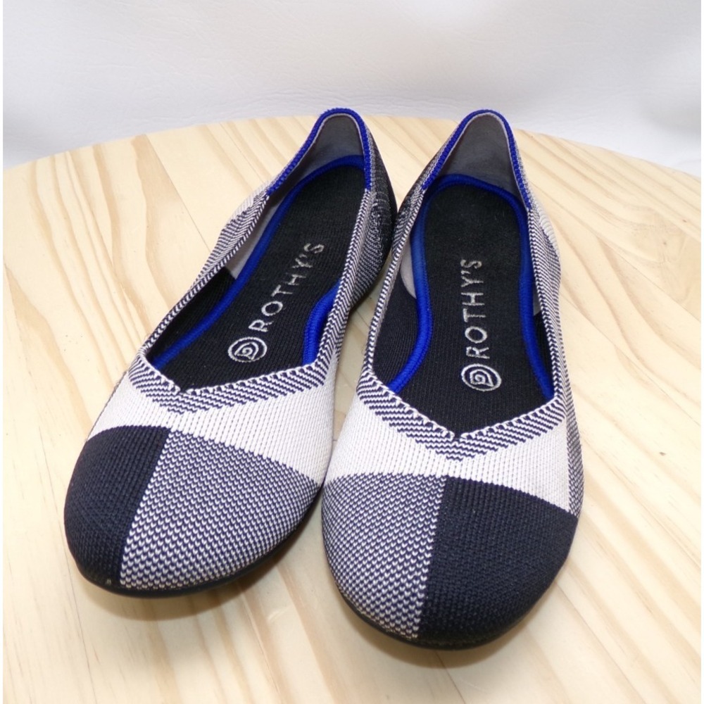 Rothys The Flat Cap Toe Ballet Shoes Womens Black White Buffalo Plaid Sz 7.5